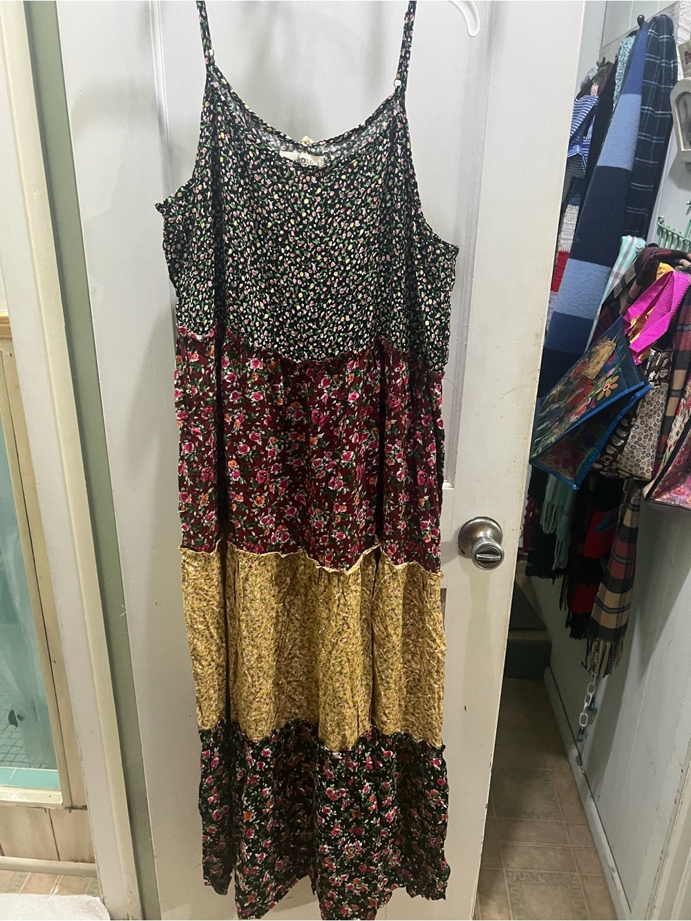 NATURAL LIFE Multi-Panel Floral Tiered Maxi Dress in Black, Burgundy & Mustard